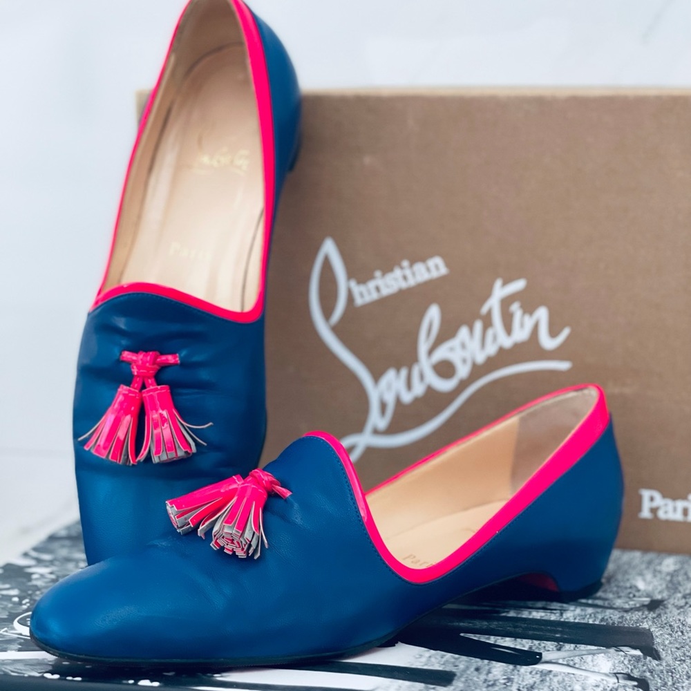 Christian LOUBOUTIN blue leather flats loafers EU38.5 US8